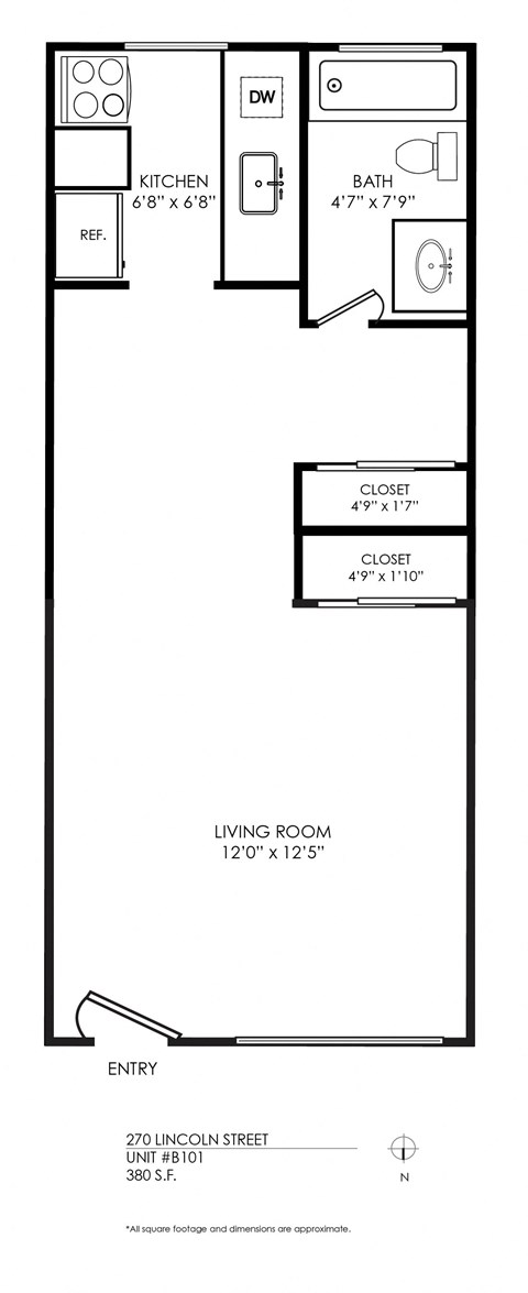 Floor plan for studio, 1 bath, 365 sqft